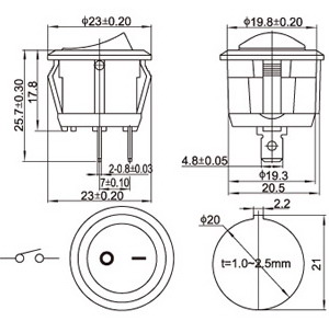 Interruptor basculante redondo KCD1, 15mm, 250V/3A, 2