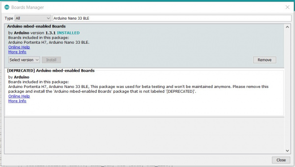 Arduino Boards Manager Tool with Arduino Mbed Core shown installed.