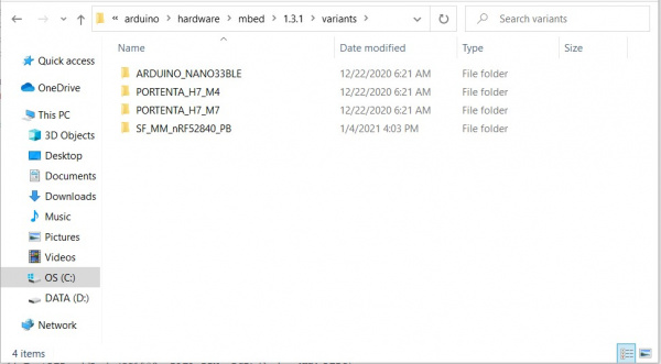 Screenshot of SparkFun nRF52840 Variant folder added to Arduino mbed Variant folder.