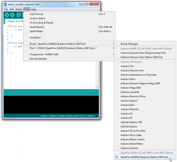 SparkFun SAMD21 Breakout board menu entry