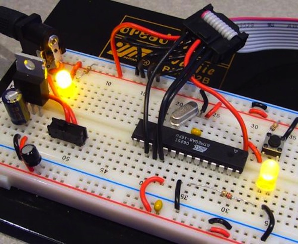 A circuit built on a solderless breadboard