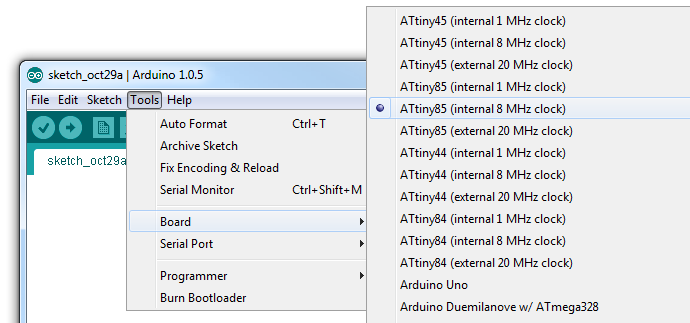 Use an ATtiny85 with Arduino IDE 