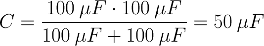 C = 100uF * 100uF / (100uF + 100uF) = 50uF