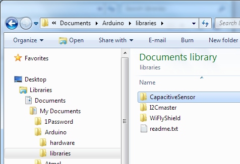 Capacitive Sensor Library in Arduino Libaries Folder