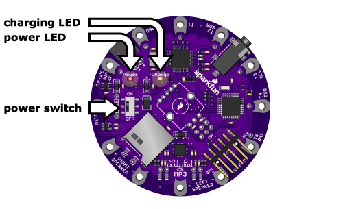 LilyPad MP3 Player power switch and LEDs
