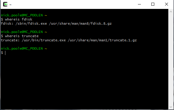 cygwin window after a few whereis commands