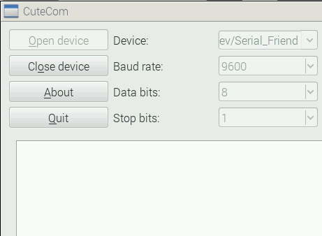 Screenshot of cutecom serial terminal with new symlink open