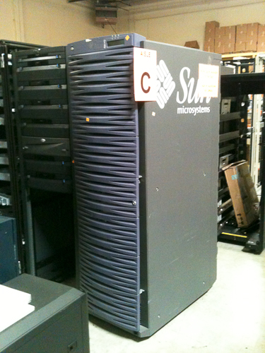 A phone-booth-sized Sun Microsystems server rack