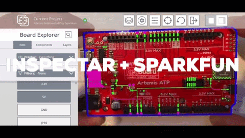 The SparkFun RedBoard Artemis ATP board with power rails highlighted under inspectAR