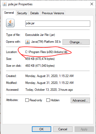 screenshot of the Properties window for pde.jar showing a file location of "C:\Program Files (x86)\Arduino\lib"