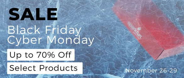 Graphic showing a SparkFun shipping box under ice with the text Black Friday Cyber Monday Sale. Up to 70% off Select Products. November 26-29.