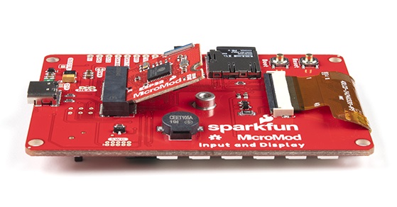 [MicroMod Processor Board inserted into the carrier board](https://cdn.sparkfun.com/assets/learn_tutorials/1/2/3/0/16985_MicroMod_InputDisplay_CB_PBAngle.jpg)