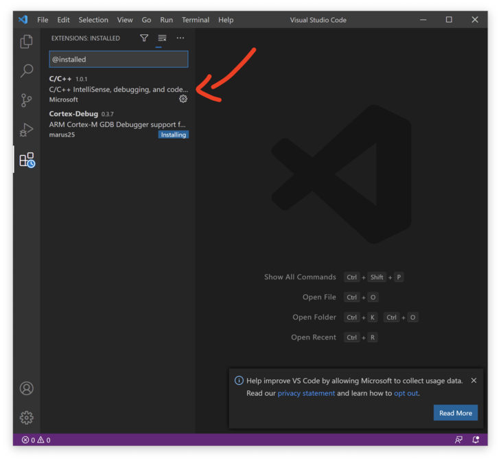 Visual Studio Code extensions for C/C++ and  Cortex-Debug