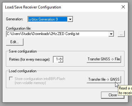 Loading a configuration to a u-blox receiver