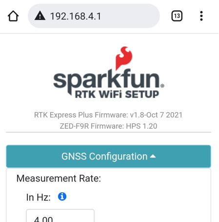 Webpage showing the RTK Configuration options