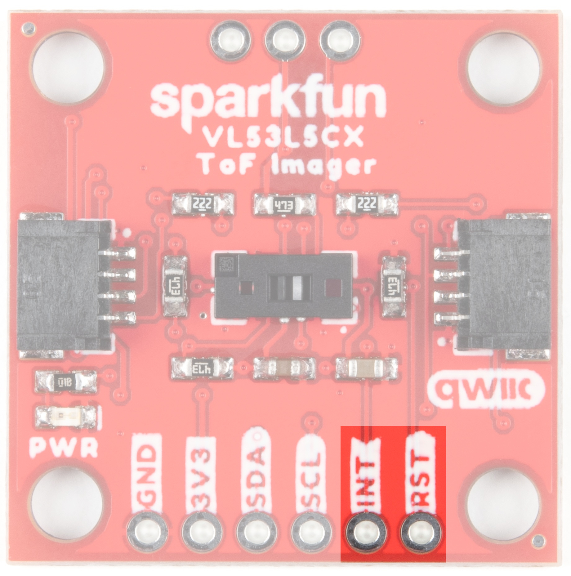 Interrupt and Reset are the two pins on the far right on the bottom side of the front of the board