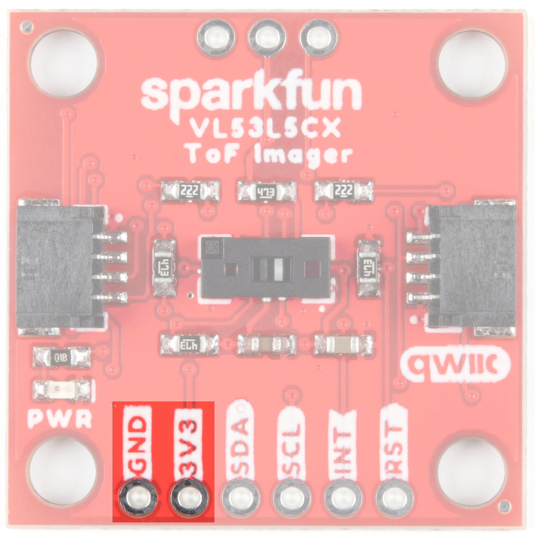 First two pins from the left on the bottom of the front side of the board are Ground and 3V3