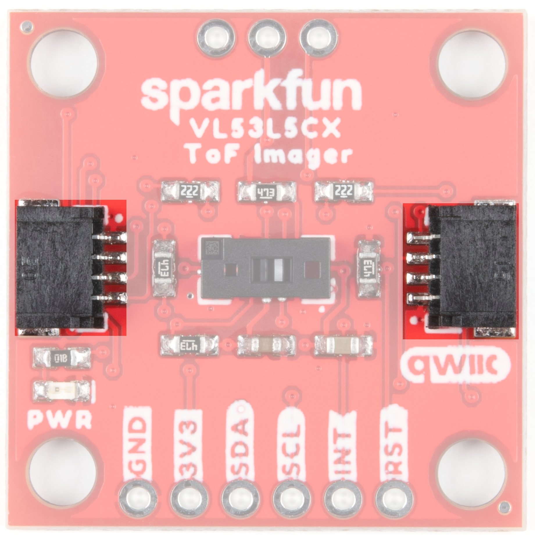 Qwiic connectors live on either side of the front side of the board (left and right).