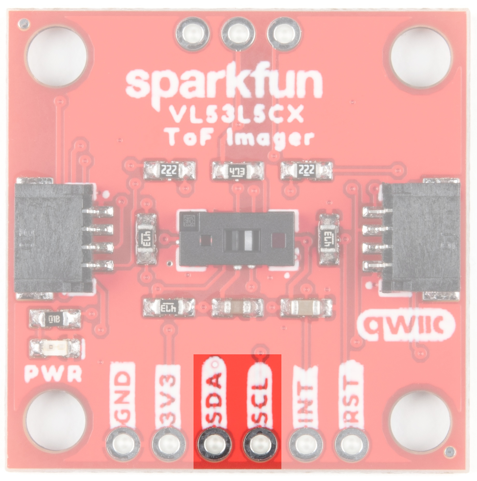 The two middle pins on the bottom edge of the front side of the board are SDA and SCL (in that order from left)