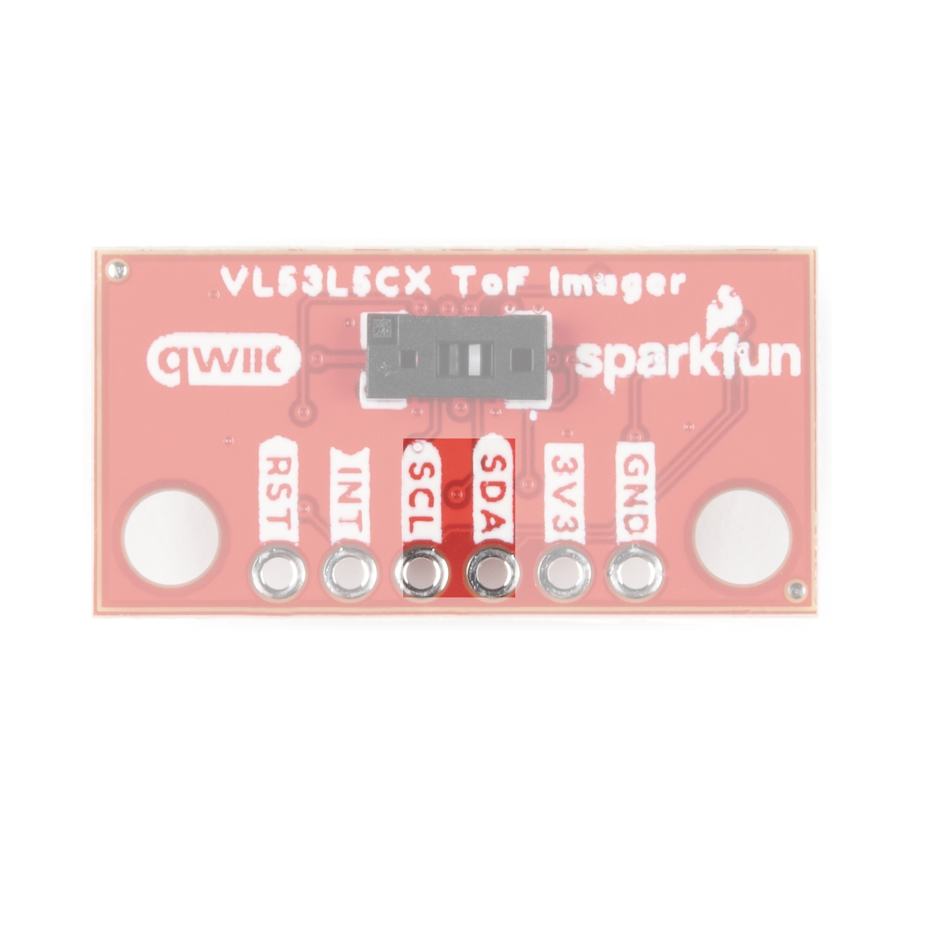 The two middle pins on the bottom edge of the front side of the board are SDA and SCL (in that order from left)