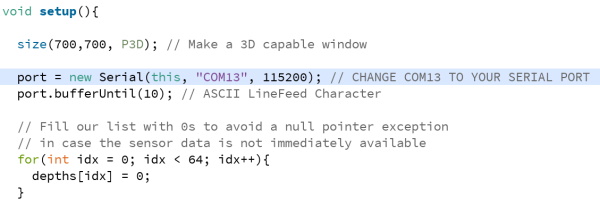 Modify this line to connect Processing to the sensor