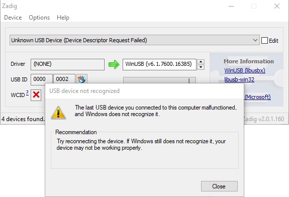 zadig driver not installing