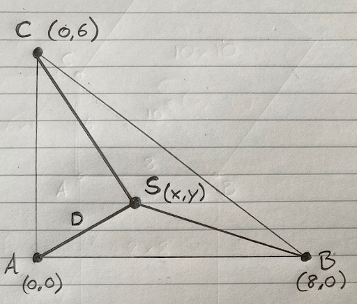 Pictured is right triangle A B C with point S located within the triangle
