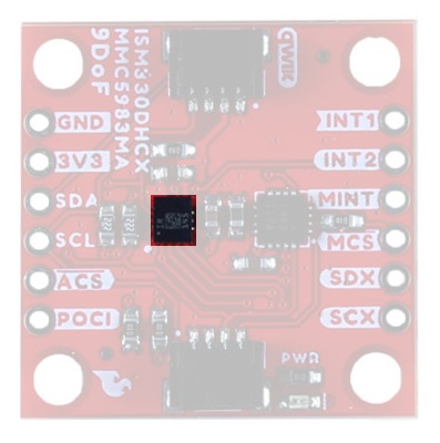 The ISM330DHCX is the IC in the middle of the board on the left side (with the GND pin on the upper left) 