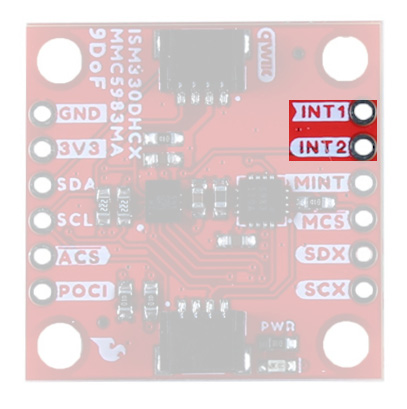 Interrupt pins for the Accelerometer are o the top left side of the board