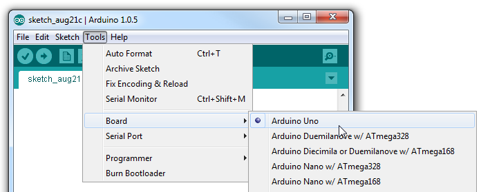 Tools>Board>Arduino Uno