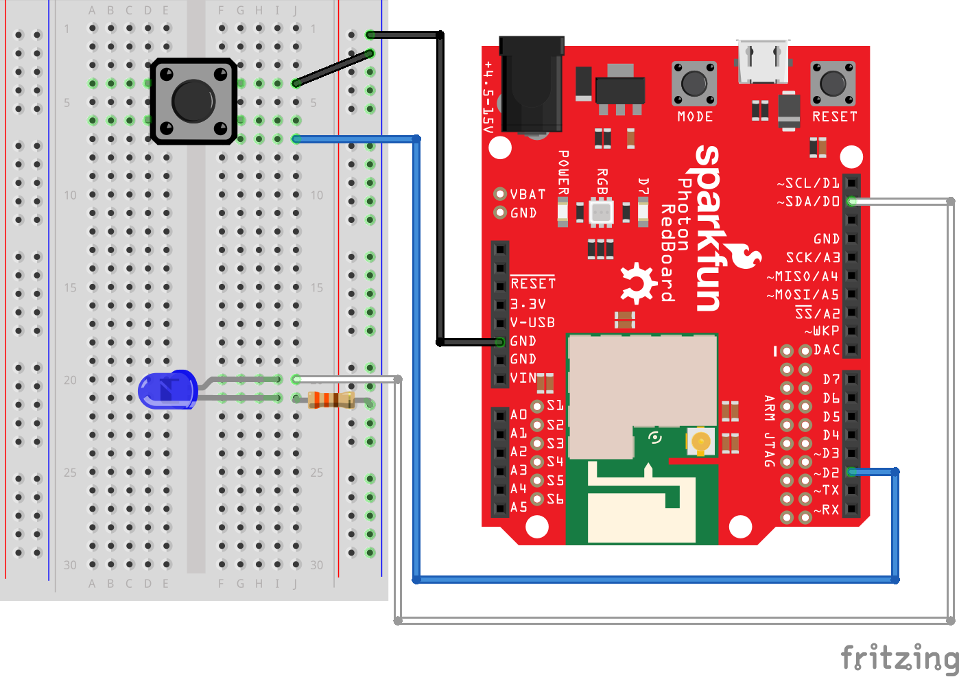 Diagram showing connections between Particle Photon/ Sparkfun RedBoard  and the button + LED