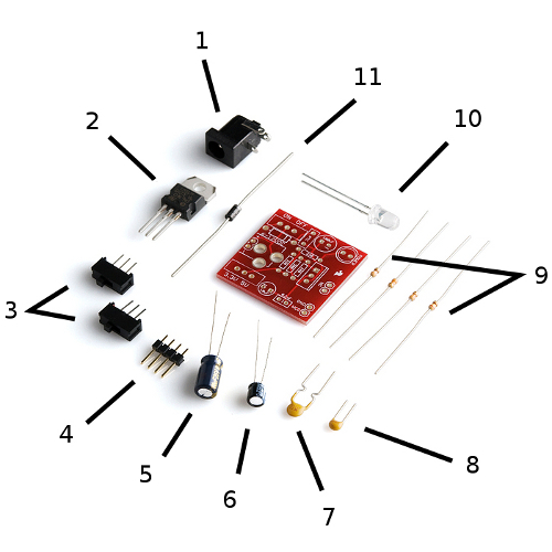 All parts included in the Breadboard Power Supply Kit