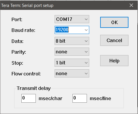 TeraTerm serial port window with 19200 in the baud rate field