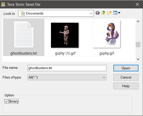 file selection window in TeraTerm with ghostbusters.txt highlighted