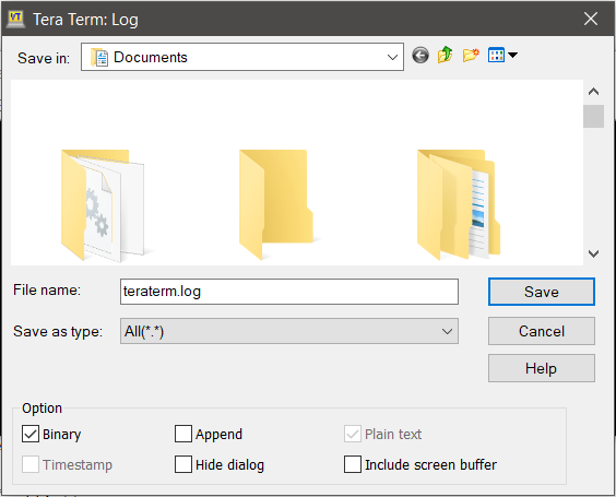 Log File window in TeraTerm with binary option selected and append option unselected. teraterm.log in the filename field.