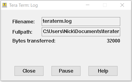 TeraTerm logfile transfer window showing 32000 bytes transferred