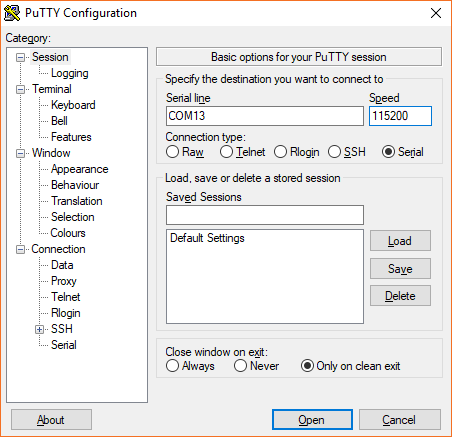 PuTTY configuration to connect to a Raspberry Pi over serial