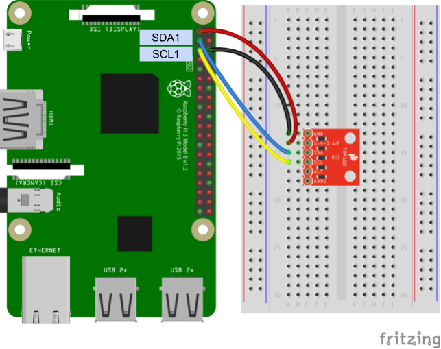 Fritzing diagram of Raspberry Pi connected to a TMP102 temperature sensor