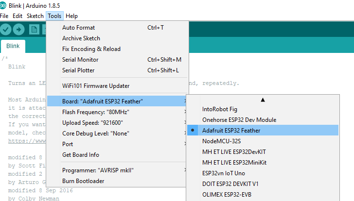 Choosing the Adafruit ESP32 Feather Board in the Arduino Board Dropdown