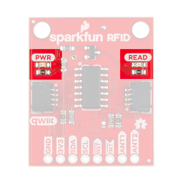 The image shows the ATtiny side of the product with the power and read LEDs above the connectors highlighted.
