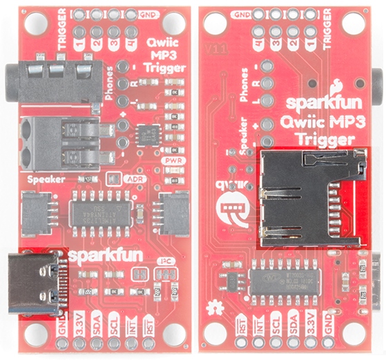 The USB C and microSD connectors on the SparkFun Qwiic MP3 Trigger