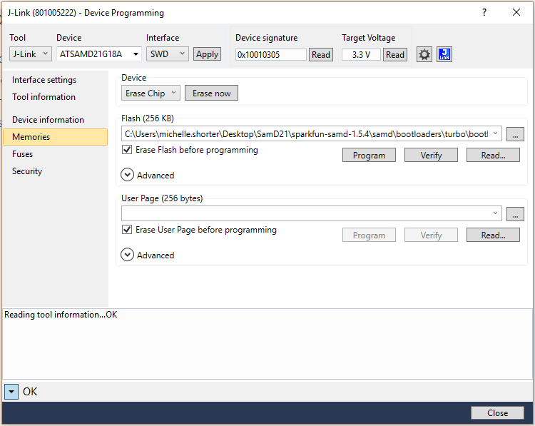 J Links Device programming Memories window