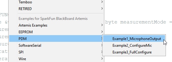 Arduino sub menu showing Artemis examples