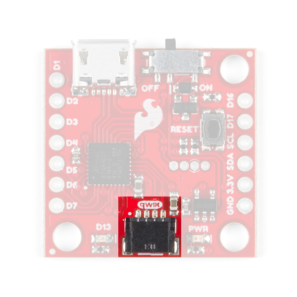 This image shows the top of the SparkFun Qwiic Micro and highlights the black connector also known as a qwiic connector, located on the lower edge of the board.