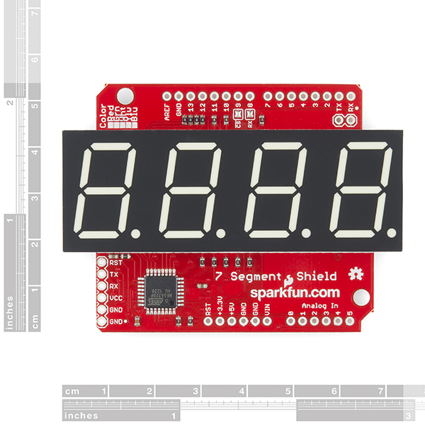 Top down view of the Serial 7-Segment Shield, notice the RX/CS solder pads in the top which can be used to disable Serial or SPI communication respectively