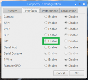 Enabling the I2C on the configuration panel