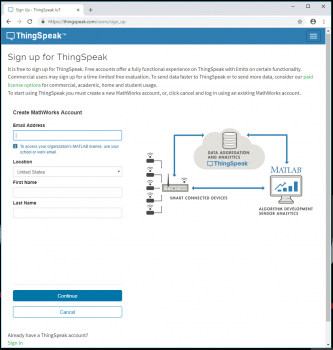 ThingSpeak signup page 1