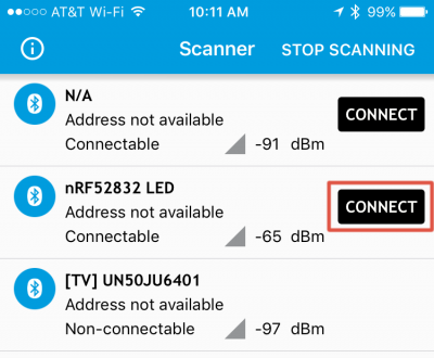 nRF Connect device list