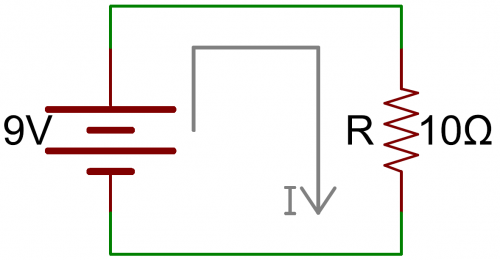 Simple circuit: 9V battery connected to 10Ω resistor