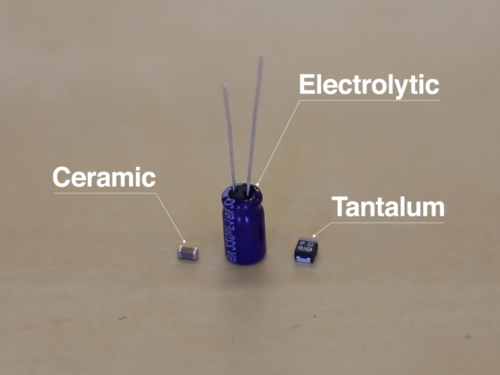 Ceramic, Electrolytic and Tantalum capacitors on a table